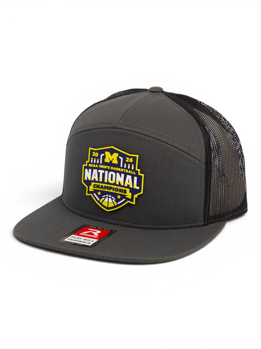 Michigan Wolverines 2026 Basketball National Champions 3D Snapback Seven-Panel Flat Bill Trucker Hat- Charcoal/ Black