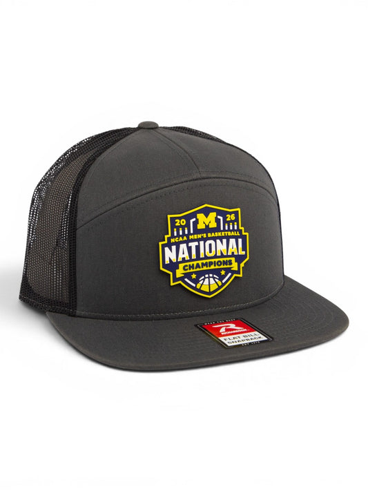 Michigan Wolverines 2026 Basketball National Champions 3D Snapback Seven-Panel Flat Bill Trucker Hat- Charcoal/ Black
