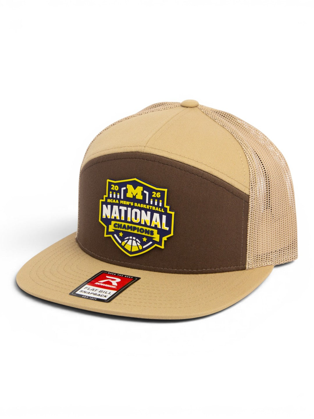Michigan Wolverines 2026 Basketball National Champions 3D Snapback Seven-Panel Flat Bill Trucker Hat- Brown/ Tan