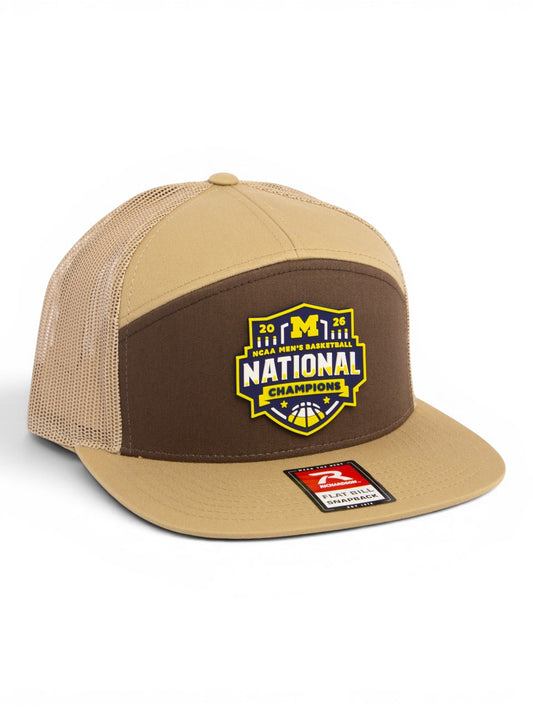 Michigan Wolverines 2026 Basketball National Champions 3D Snapback Seven-Panel Flat Bill Trucker Hat- Brown/ Tan
