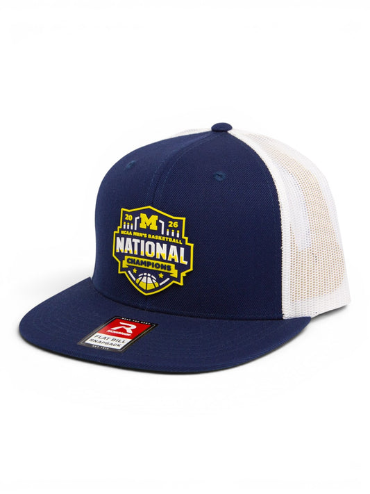 Michigan Wolverines 2026 Basketball National Champions 3D Wool Blend Flat Bill Hat- Navy/ White