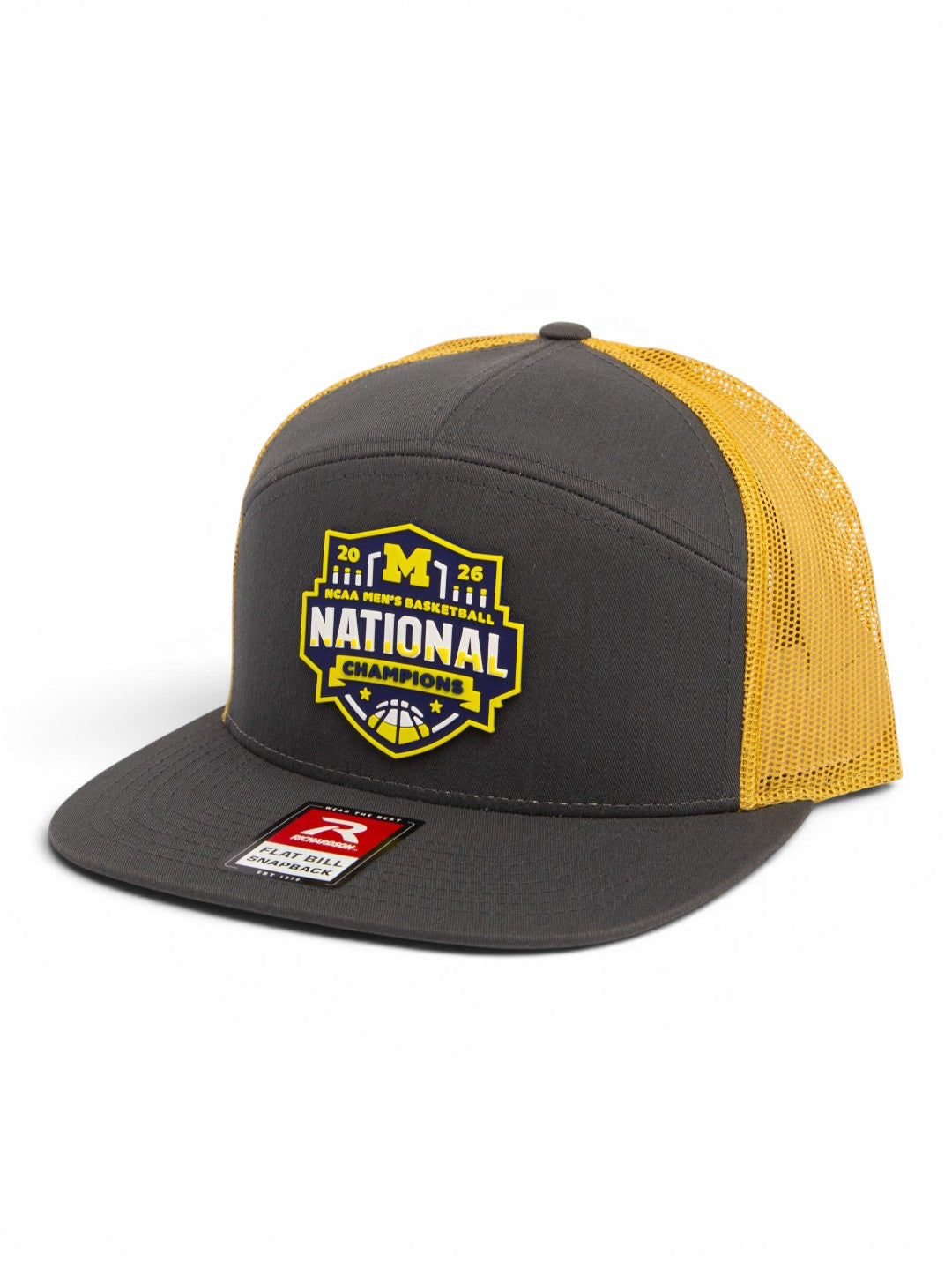 Michigan Wolverines 2026 Basketball National Champions 3D Snapback Seven-Panel Flat Bill Trucker Hat- Charcoal/ Gold