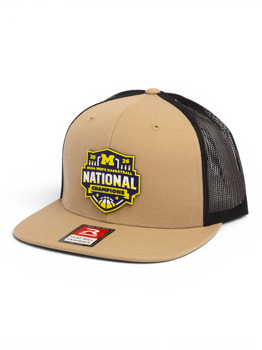 Michigan Wolverines 2026 Basketball National Champions 3D Wool Blend Flat Bill Hat- Tan/ Black
