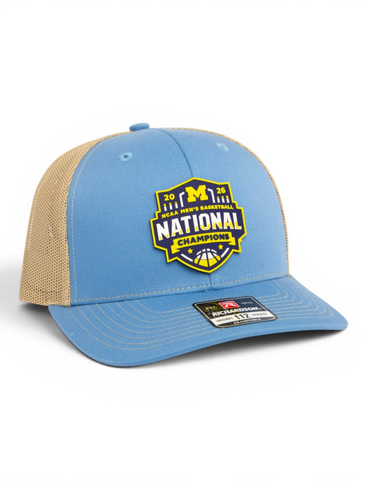 Michigan Wolverines 2026 Basketball National Champions 3D Snapback Trucker Hat- Columbia Blue/ Tan