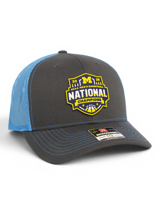 Michigan Wolverines 2026 Basketball National Champions 3D Snapback Trucker Hat- Charcoal/ Columbia Blue