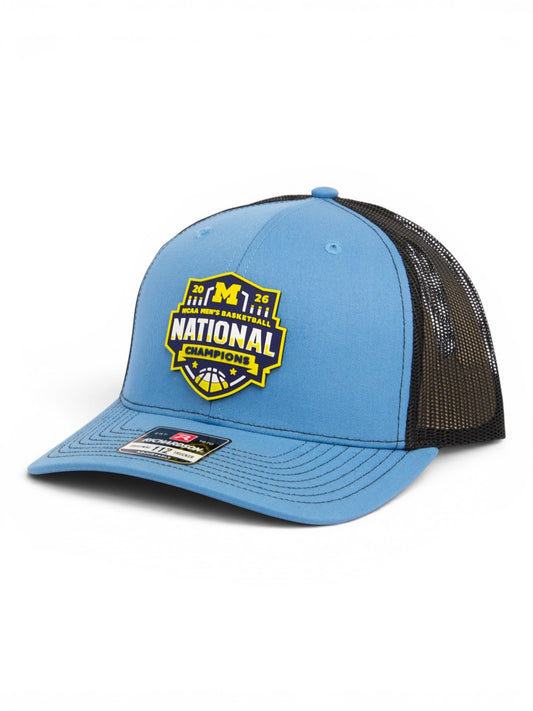 Michigan Wolverines 2026 Basketball National Champions 3D Snapback Trucker Hat- Columbia Blue/ Black