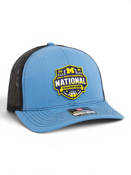 Michigan Wolverines 2026 Basketball National Champions 3D Snapback Trucker Hat- Columbia Blue/ Black