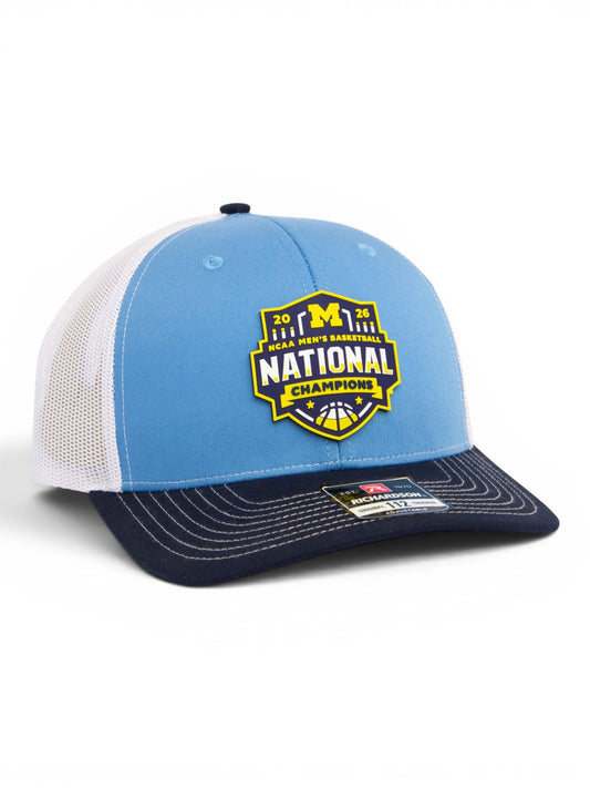 Michigan Wolverines 2026 Basketball National Champions 3D Snapback Trucker Hat- Columbia Blue/ White/ Navy