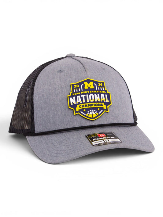 Michigan Wolverines 2026 Basketball National Champions 3D Snapback Trucker Rope Hat- Heather Grey/ Black