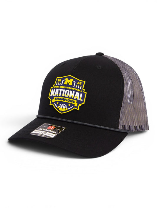 Michigan Wolverines 2026 Basketball National Champions 3D Snapback Trucker Rope Hat- Black/ Charcoal