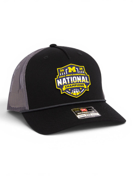 Michigan Wolverines 2026 Basketball National Champions 3D Snapback Trucker Rope Hat- Black/ Charcoal