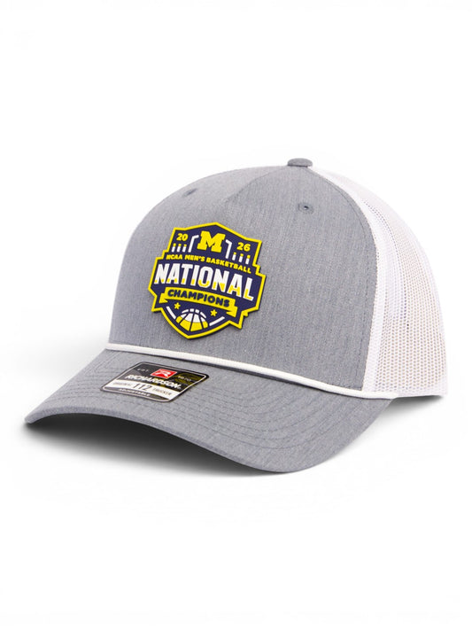 Michigan Wolverines 2026 Basketball National Champions 3D Snapback Trucker Rope Hat- Heather Grey/ White