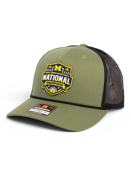 Michigan Wolverines 2026 Basketball National Champions 3D Snapback Trucker Rope Hat- Loden/ Black
