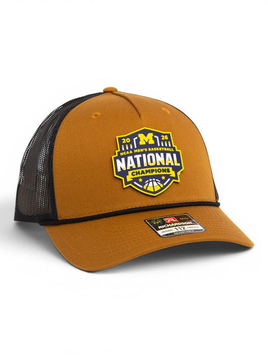 Michigan Wolverines 2026 Basketball National Champions 3D Snapback Trucker Rope Hat- Carmel/ Black