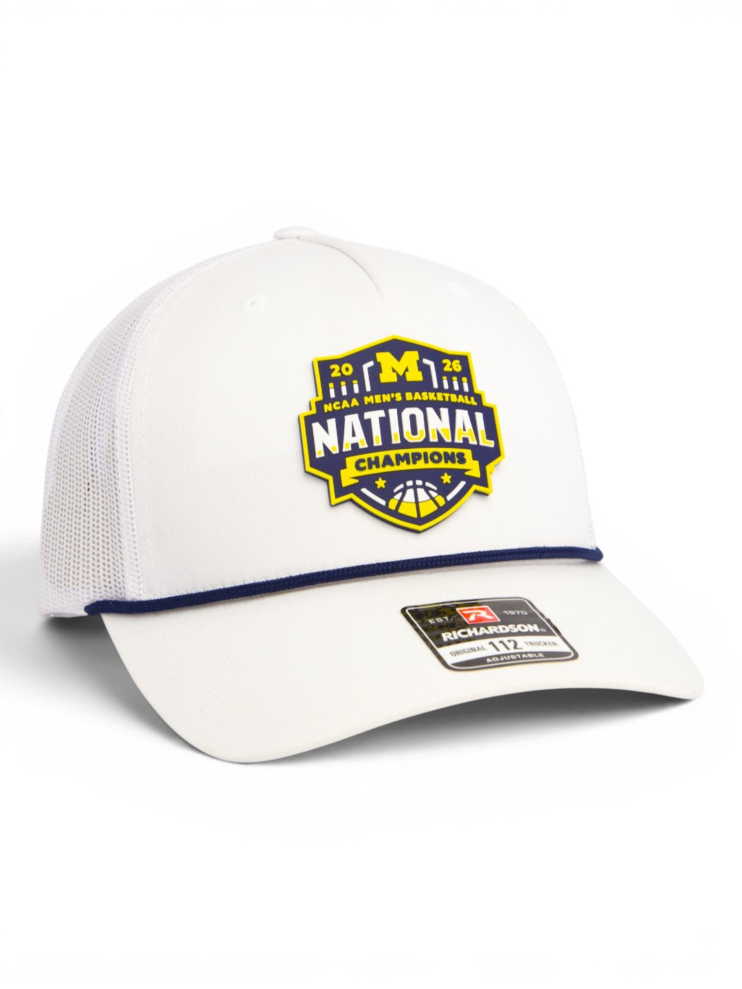 Michigan Wolverines 2026 Basketball National Champions 3D Snapback Trucker Rope Hat- White/ Navy