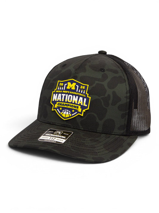 Michigan Wolverines 2026 Basketball National Champions 3D Snapback Trucker Hat- Sable Duck Camo/ Black
