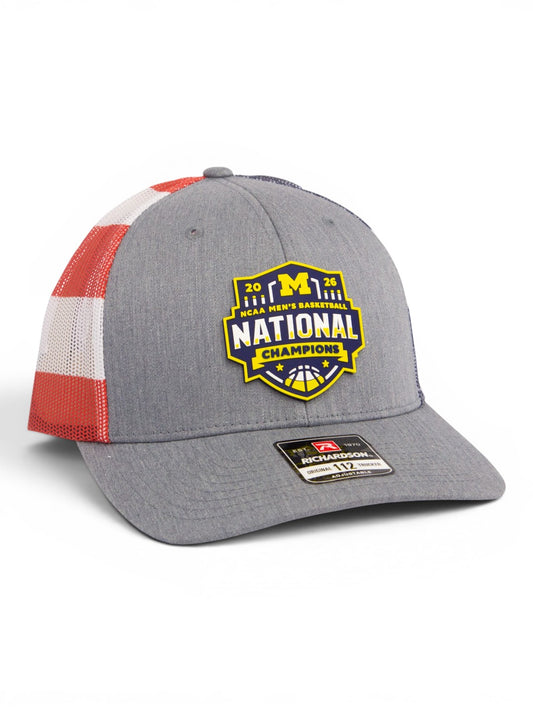 Michigan Wolverines 2026 Basketball National Champions 3D Snapback Trucker Hat- Heather Grey/ Stars & Stripes