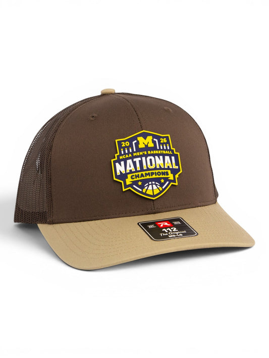 Michigan Wolverines 2026 Basketball National Champions 3D Snapback Trucker Hat- Brown Combo/ Tan