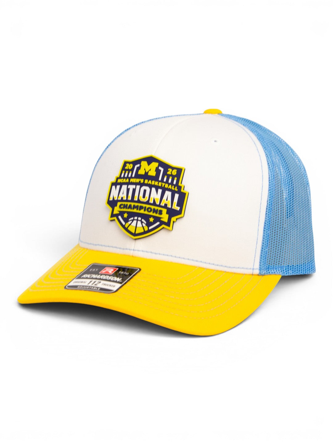 Michigan Wolverines 2026 Basketball National Champions 3D Snapback Trucker Hat- White/ Columbia Blue/ Yellow