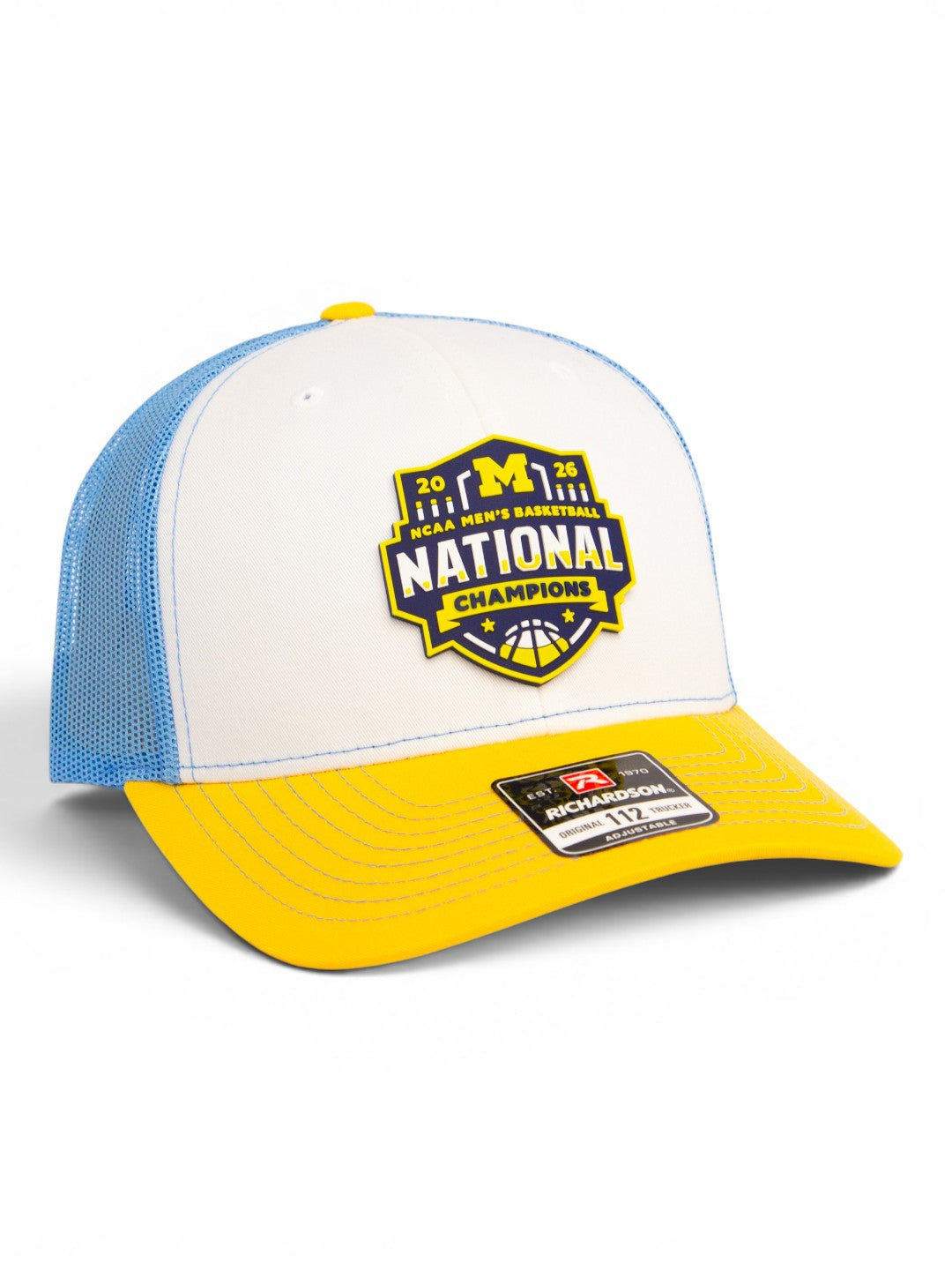 Michigan Wolverines 2026 Basketball National Champions 3D Snapback Trucker Hat- White/ Columbia Blue/ Yellow