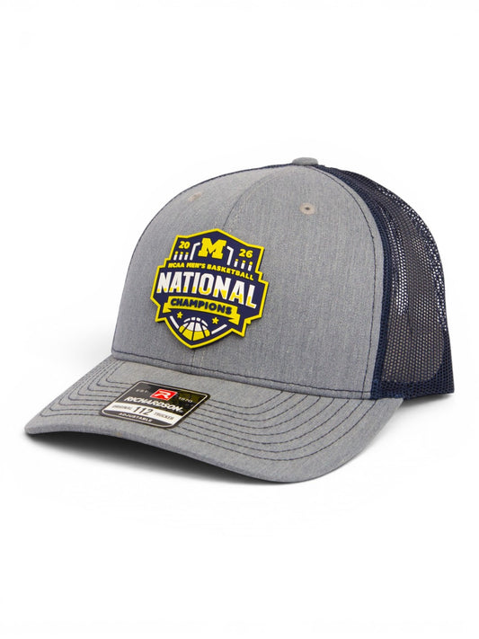 Michigan Wolverines 2026 Basketball National Champions 3D Snapback Trucker Hat- Heather Grey/ Navy