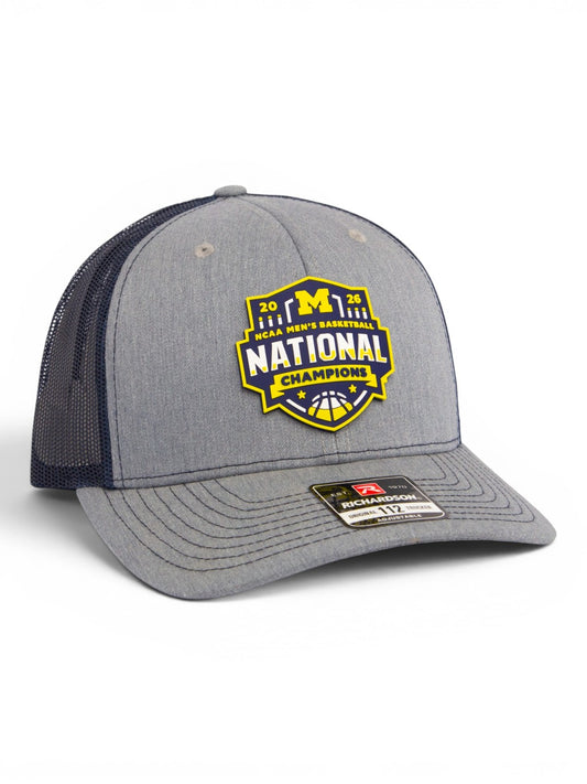 Michigan Wolverines 2026 Basketball National Champions 3D Snapback Trucker Hat- Heather Grey/ Navy