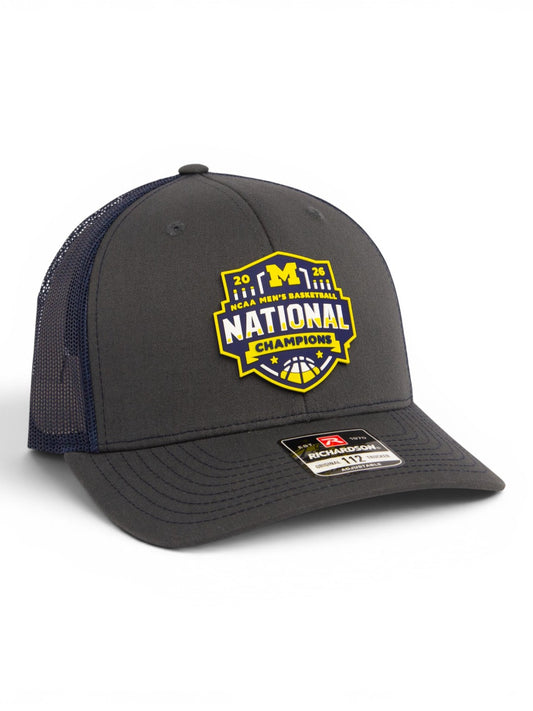 Michigan Wolverines 2026 Basketball National Champions 3D Snapback Trucker Hat- Charcoal/ Navy
