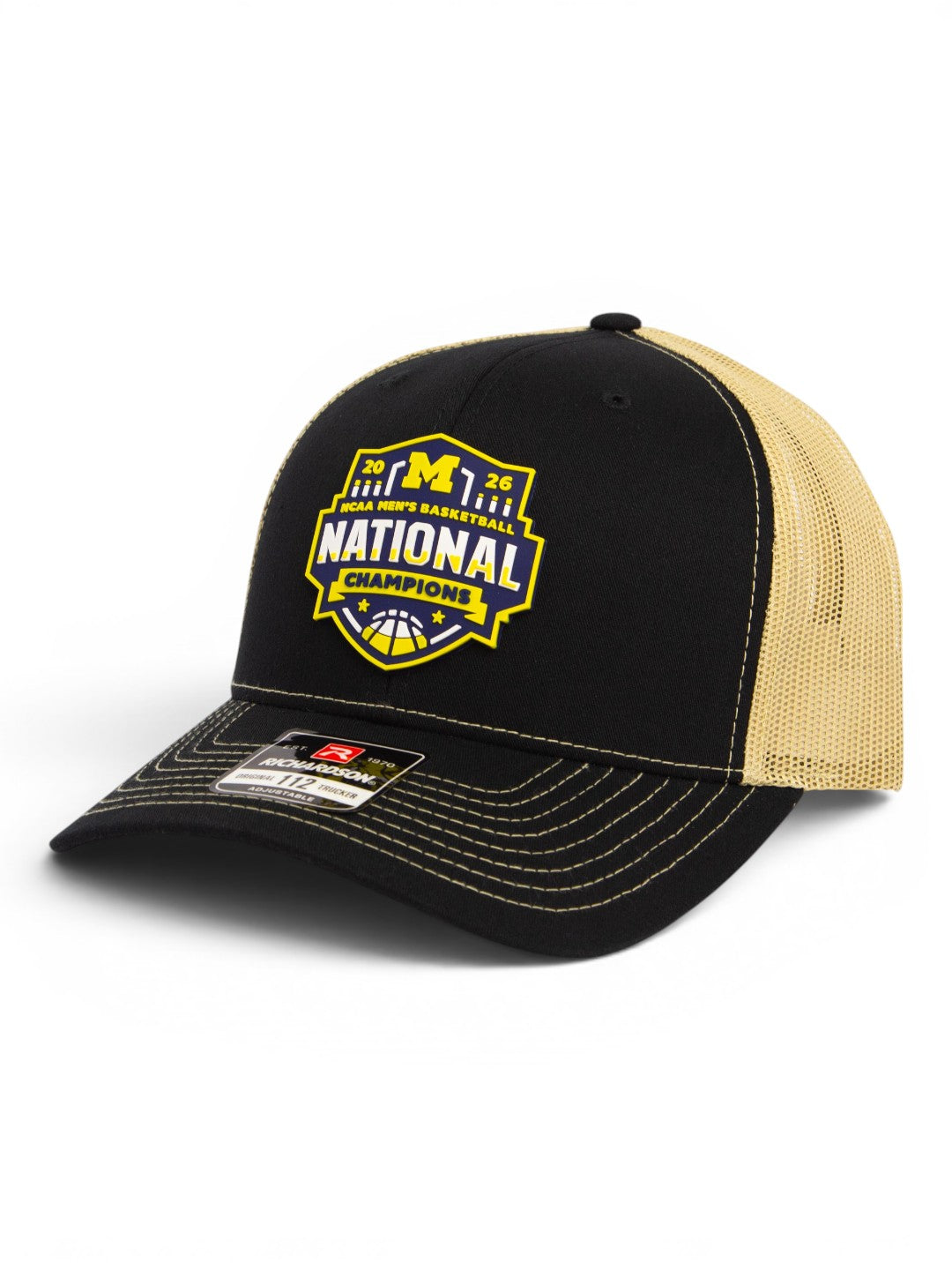Michigan Wolverines 2026 Basketball National Champions 3D Snapback Trucker Hat- Black/ Vegas Gold