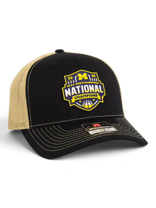 Michigan Wolverines 2026 Basketball National Champions 3D Snapback Trucker Hat- Black/ Vegas Gold
