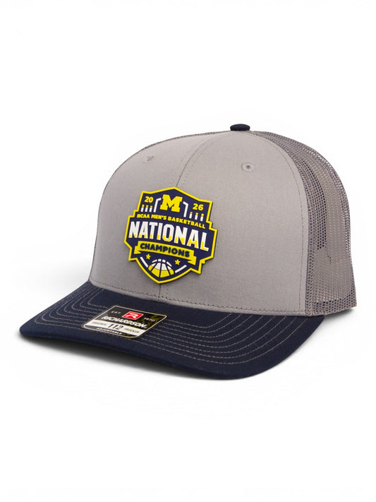 Michigan Wolverines 2026 Basketball National Champions 3D Snapback Trucker Hat- Grey/ Charcoal/ Navy