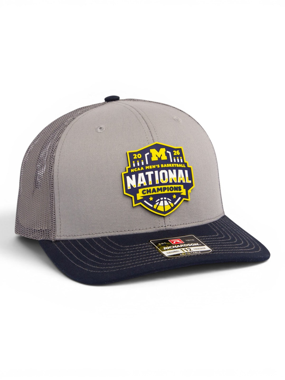 Michigan Wolverines 2026 Basketball National Champions 3D Snapback Trucker Hat- Grey/ Charcoal/ Navy