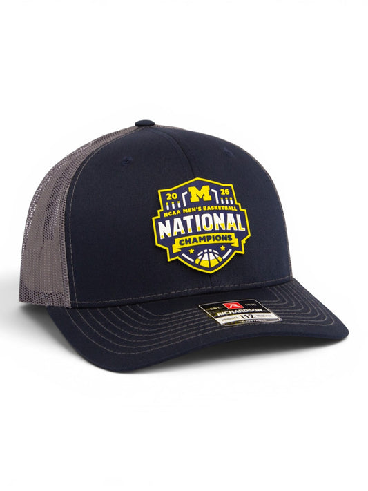 Michigan Wolverines 2026 Basketball National Champions 3D Snapback Trucker Hat- Navy/ Charcoal