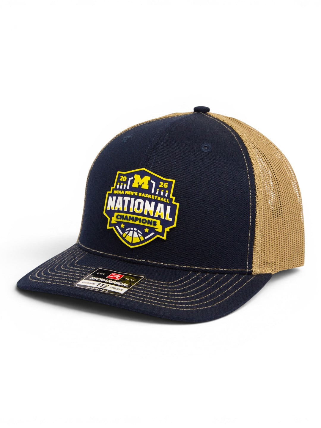 Michigan Wolverines 2026 Basketball National Champions 3D Snapback Trucker Hat- Navy/ Tan
