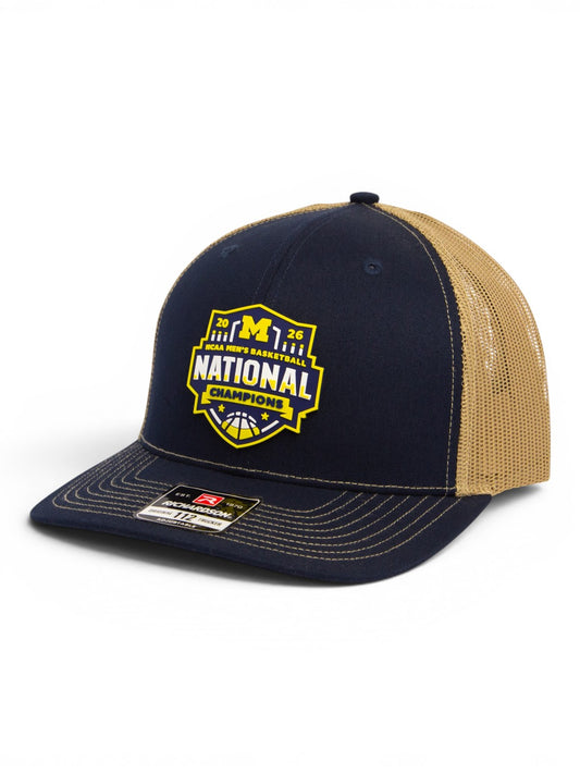 Michigan Wolverines 2026 Basketball National Champions 3D Snapback Trucker Hat- Navy/ Tan