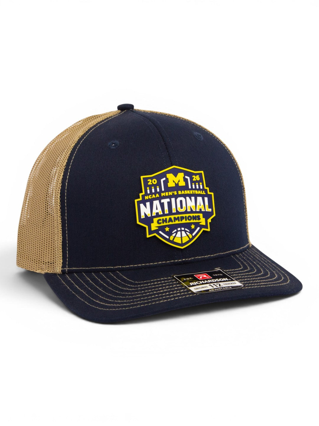 Michigan Wolverines 2026 Basketball National Champions 3D Snapback Trucker Hat- Navy/ Tan