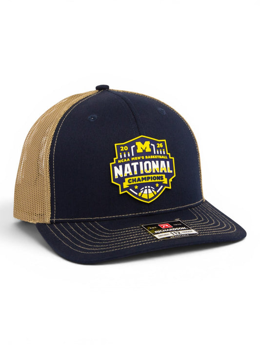 Michigan Wolverines 2026 Basketball National Champions 3D Snapback Trucker Hat- Navy/ Tan
