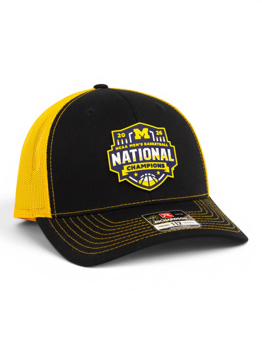 Michigan Wolverines 2026 Basketball National Champions 3D Snapback Trucker Hat- Black/ Yellow