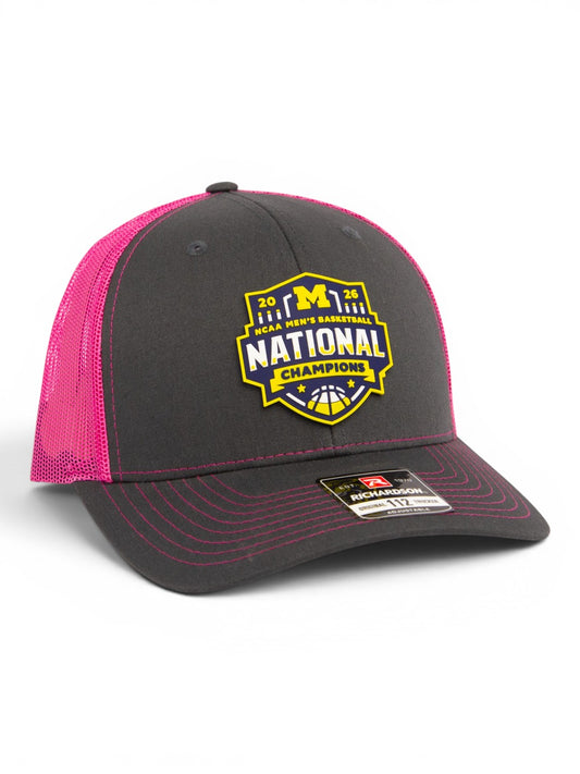 Michigan Wolverines 2026 Basketball National Champions 3D Snapback Trucker Hat- Charcoal/ Pink
