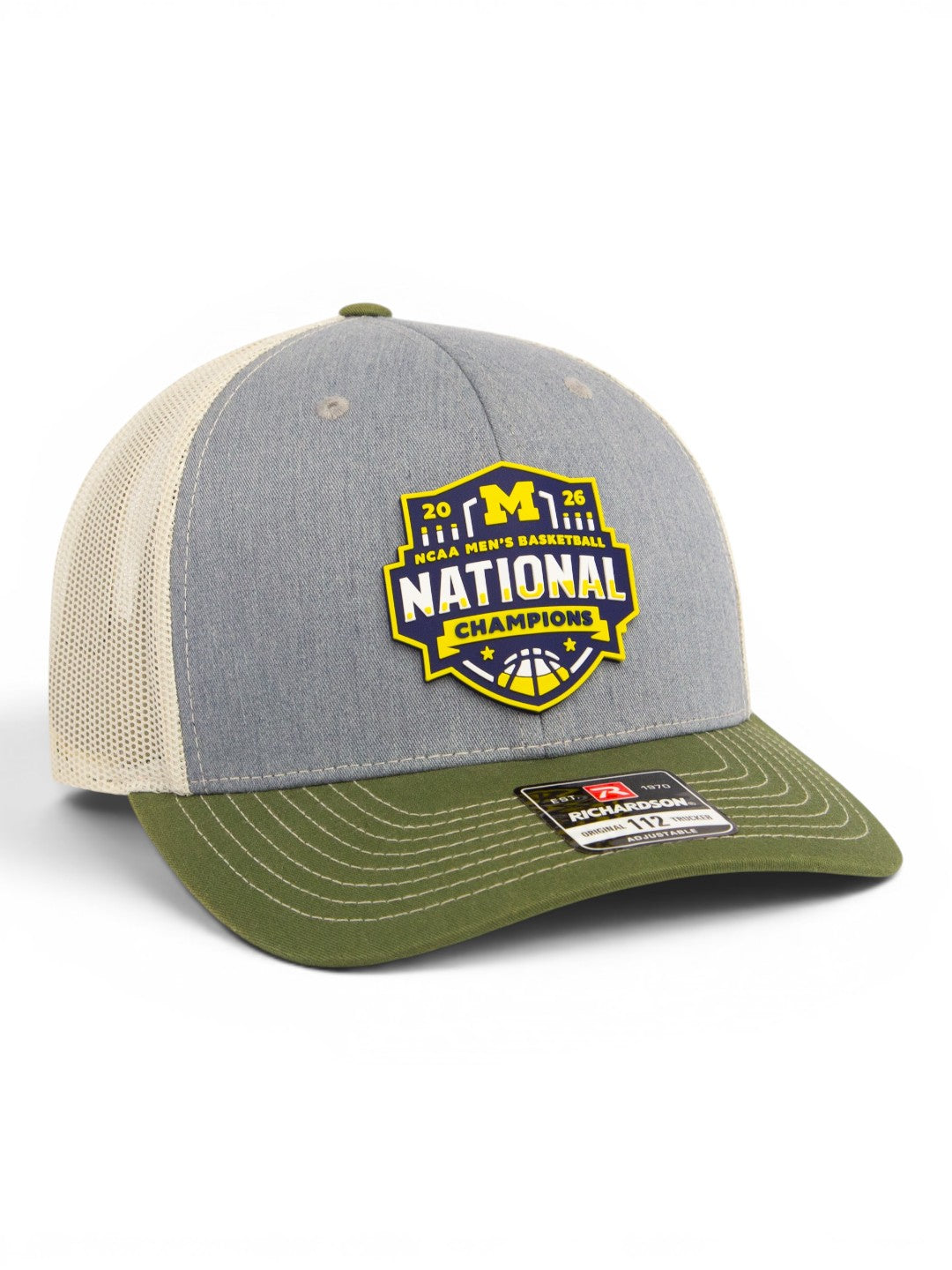 Michigan Wolverines 2026 Basketball National Champions 3D Snapback Trucker Hat- Heather Grey/ Birch/ Army Olive