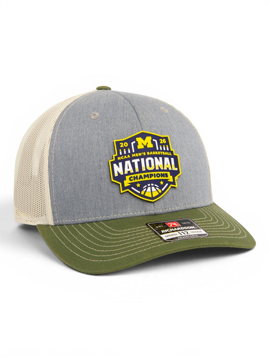 Michigan Wolverines 2026 Basketball National Champions 3D Snapback Trucker Hat- Heather Grey/ Birch/ Army Olive
