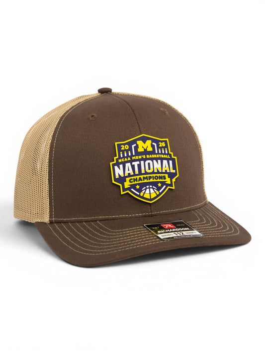 Michigan Wolverines 2026 Basketball National Champions 3D Snapback Trucker Hat- Brown/ Tan