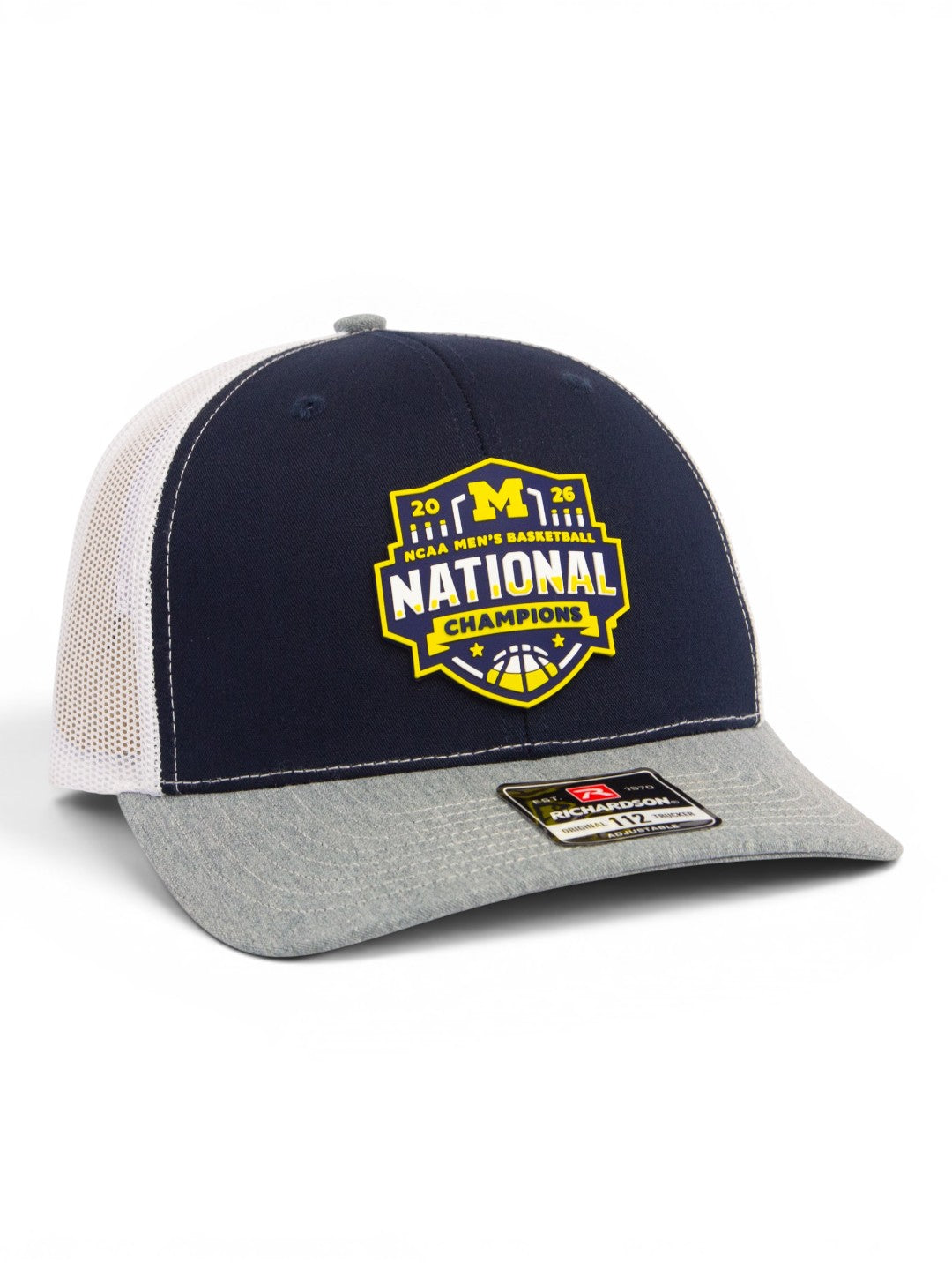 Michigan Wolverines 2026 Basketball National Champions 3D Snapback Trucker Hat- Navy/ White/ Heather Grey