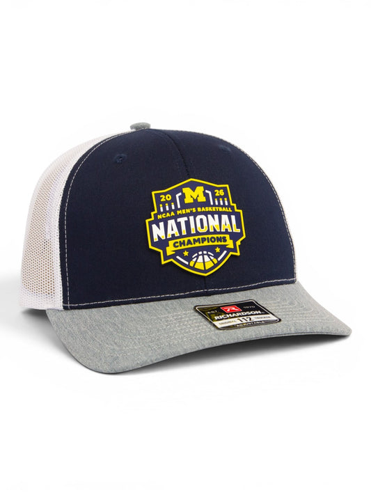 Michigan Wolverines 2026 Basketball National Champions 3D Snapback Trucker Hat- Navy/ White/ Heather Grey