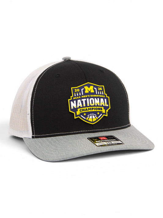 Michigan Wolverines 2026 Basketball National Champions 3D Snapback Trucker Hat- Black/ White/ Heather Grey