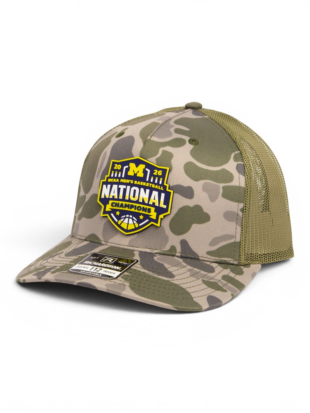 Michigan Wolverines 2026 Basketball National Champions 3D Snapback Trucker Hat- Marsh Duck Camo/ Loden