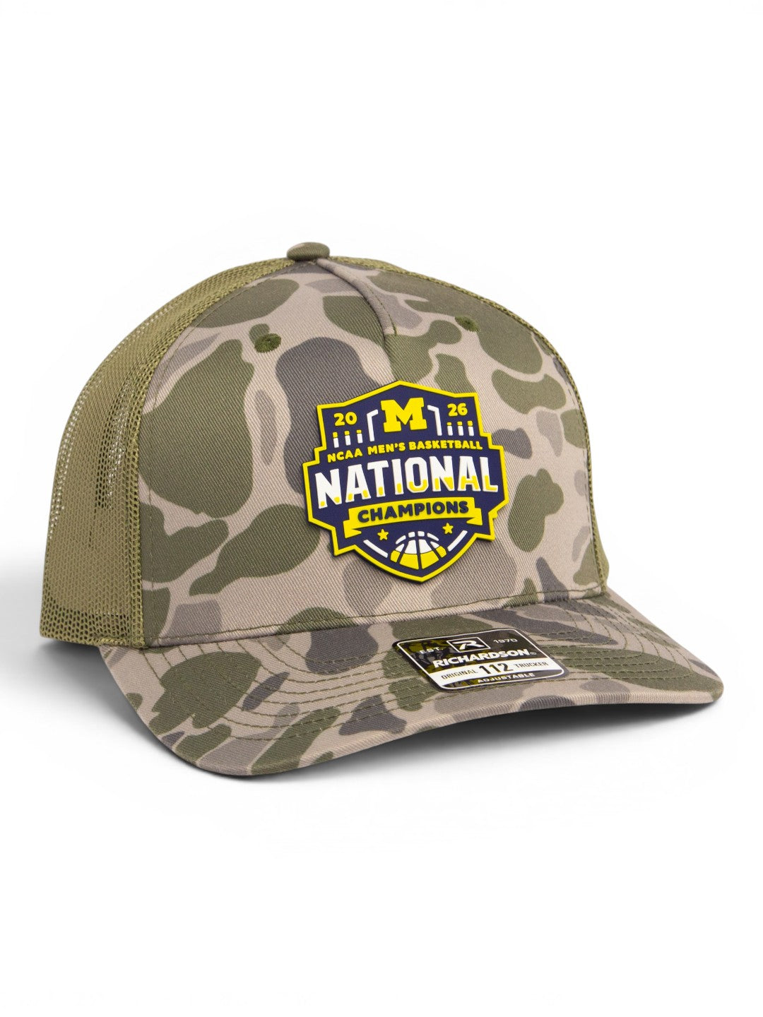 Michigan Wolverines 2026 Basketball National Champions 3D Snapback Trucker Hat- Marsh Duck Camo/ Loden