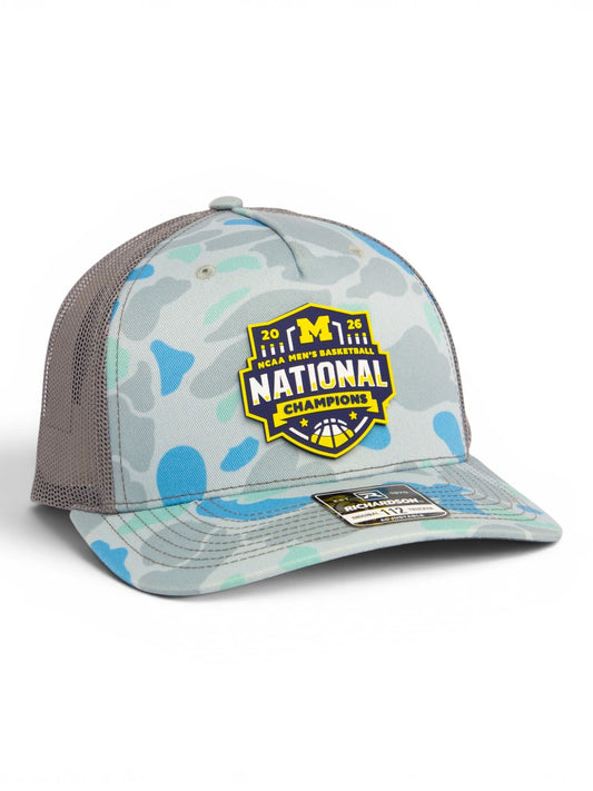 Michigan Wolverines 2026 Basketball National Champions 3D Snapback Trucker Hat- Saltwater Duck Camo/ Charcoal