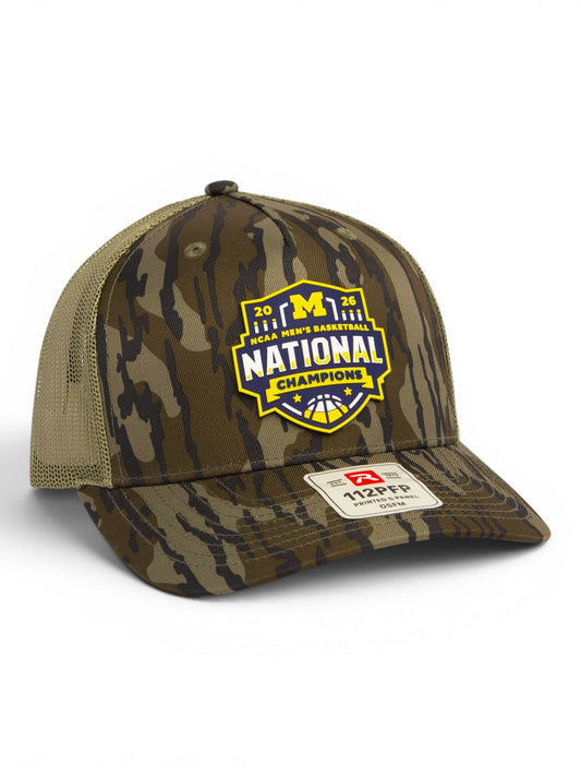 Michigan Wolverines 2026 Basketball National Champions 3D Snapback Trucker Hat- Mossy Oak Bottomland/ Loden
