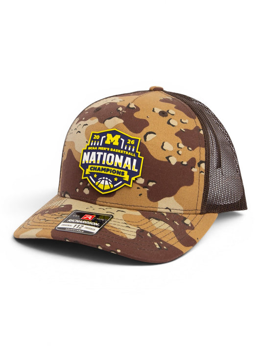 Michigan Wolverines 2026 Basketball National Champions 3D Snapback Trucker Hat- Desert Camo/ Brown