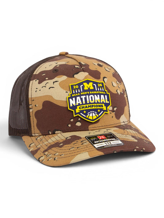 Michigan Wolverines 2026 Basketball National Champions 3D Snapback Trucker Hat- Desert Camo/ Brown